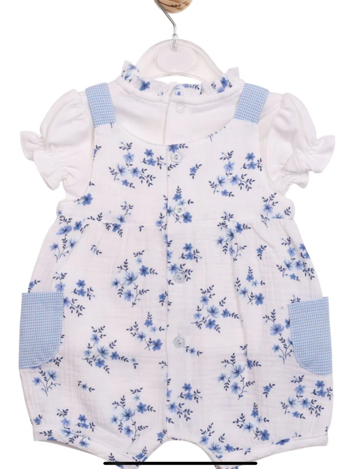 Top & Romper Dungaree - White/Blue Floral Gingham.  0326651