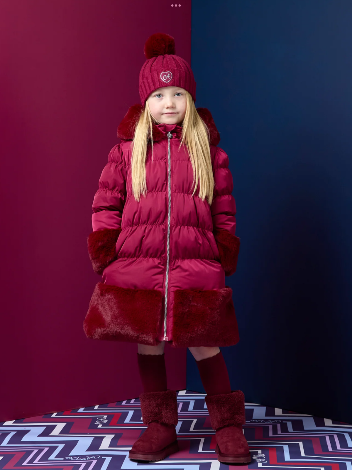 A'Dee Girls Deep Cherry Fur Trim Coat 0726813