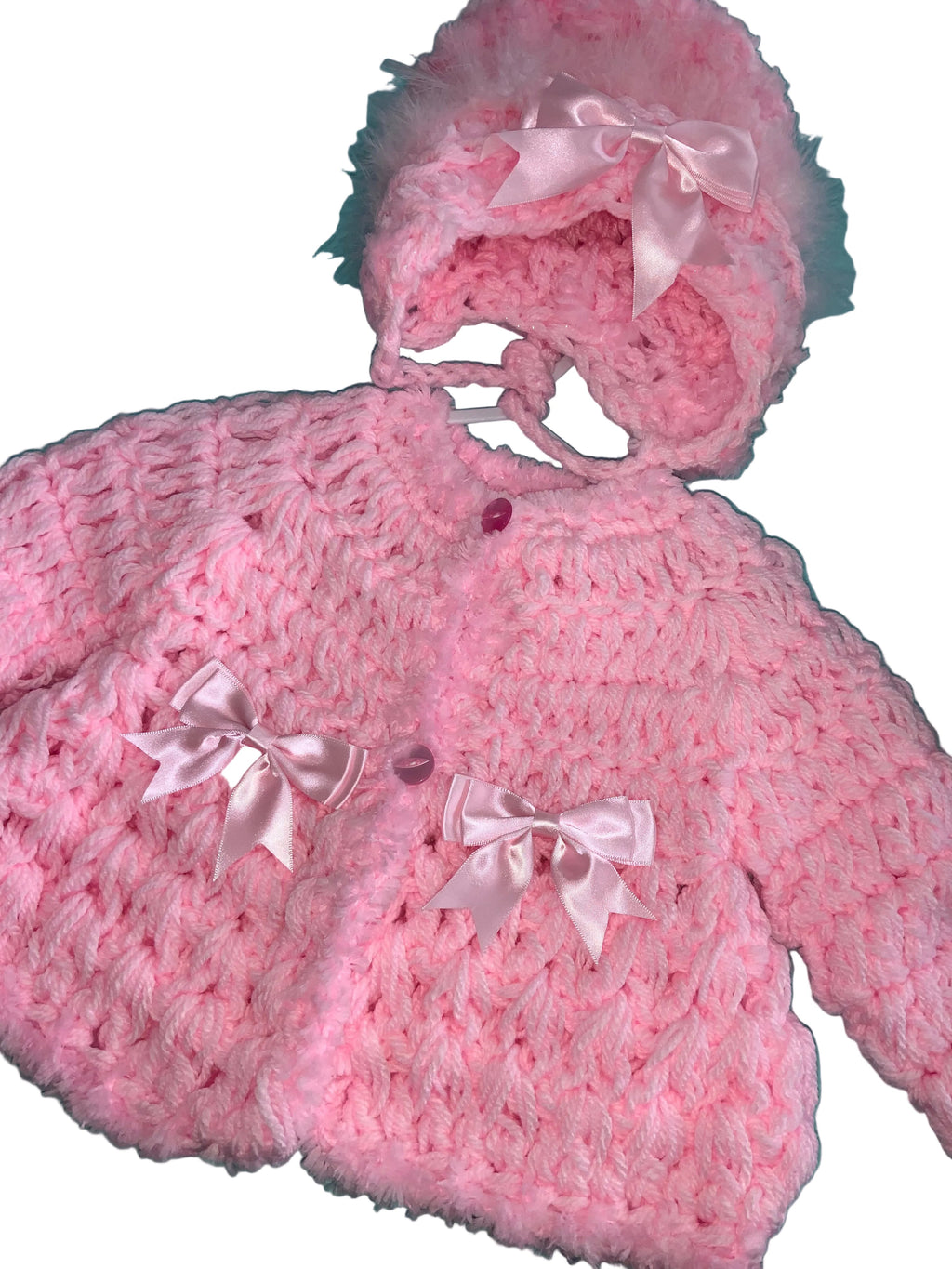 Hand crocheted cardigan and bonnet 0926837